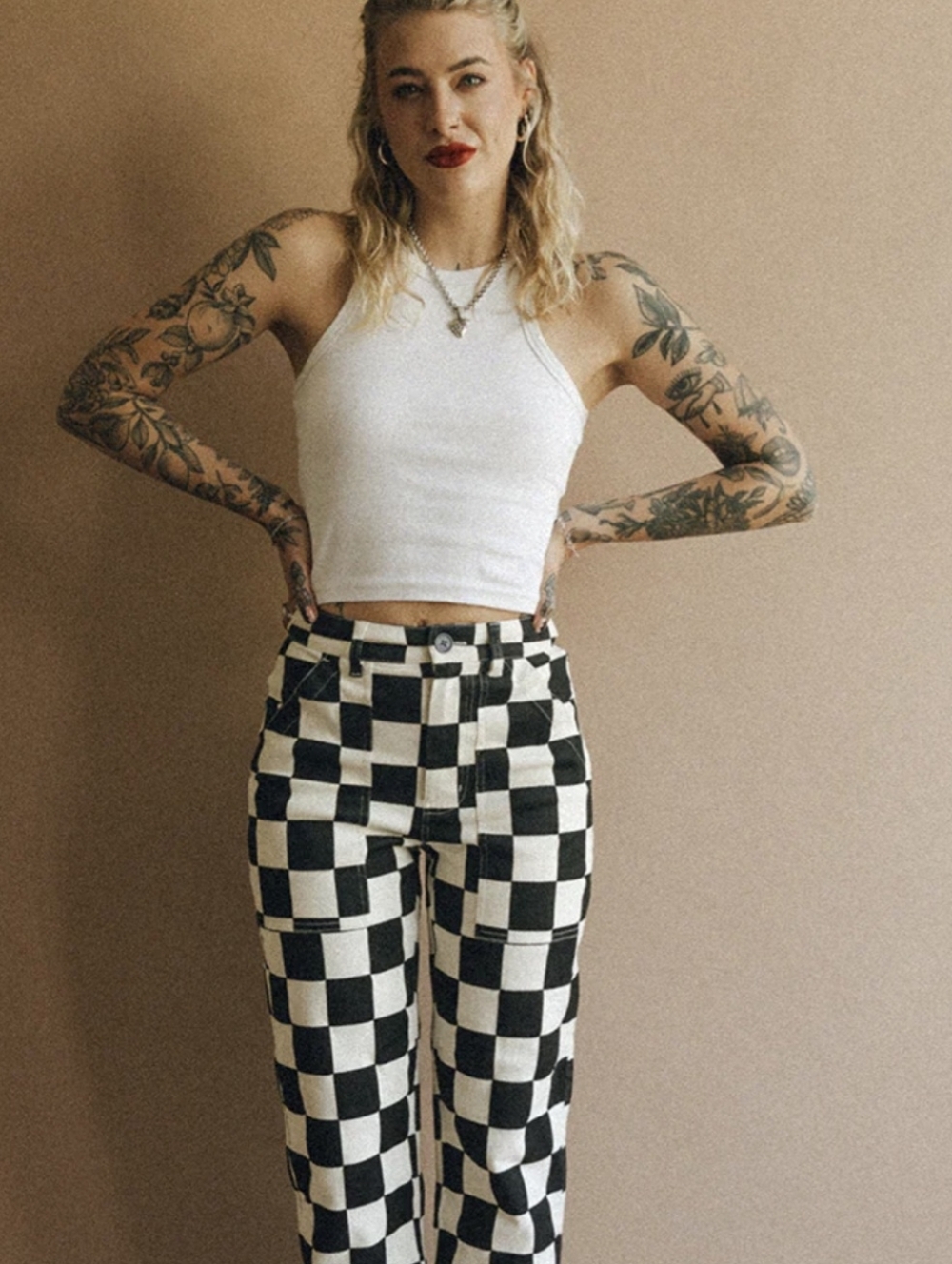Checkerboard High-Rise Straight Trousers - Black & White